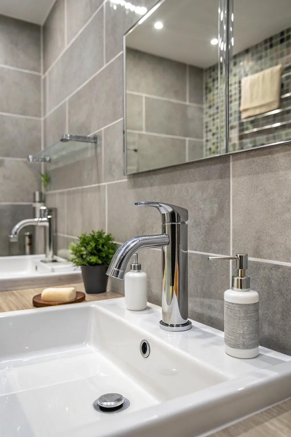 Sleek chrome hardware introduces a modern touch to the grey bathroom.