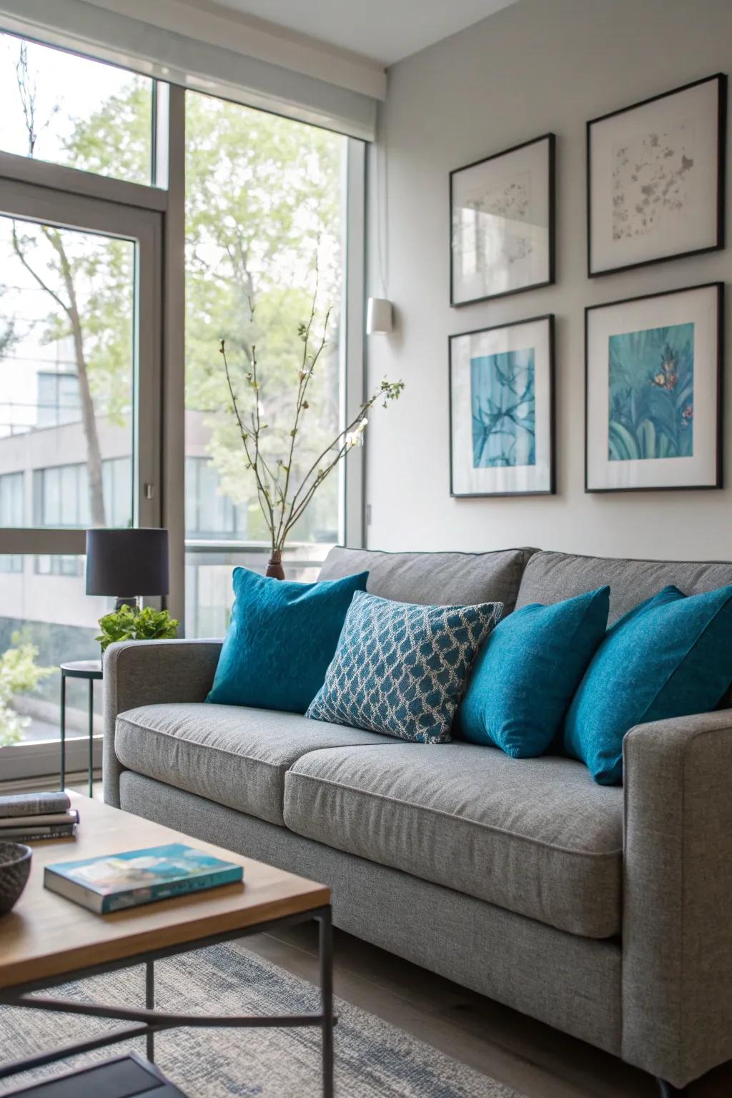 Vibrant blue pillows breathe vitality and zeal into a grey sofa.