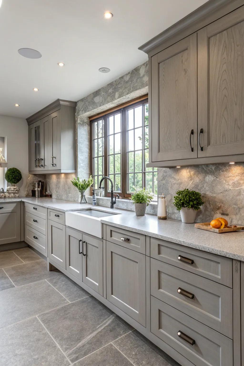 A kitchen showcasing a diverse array of grey tones in its surfaces.