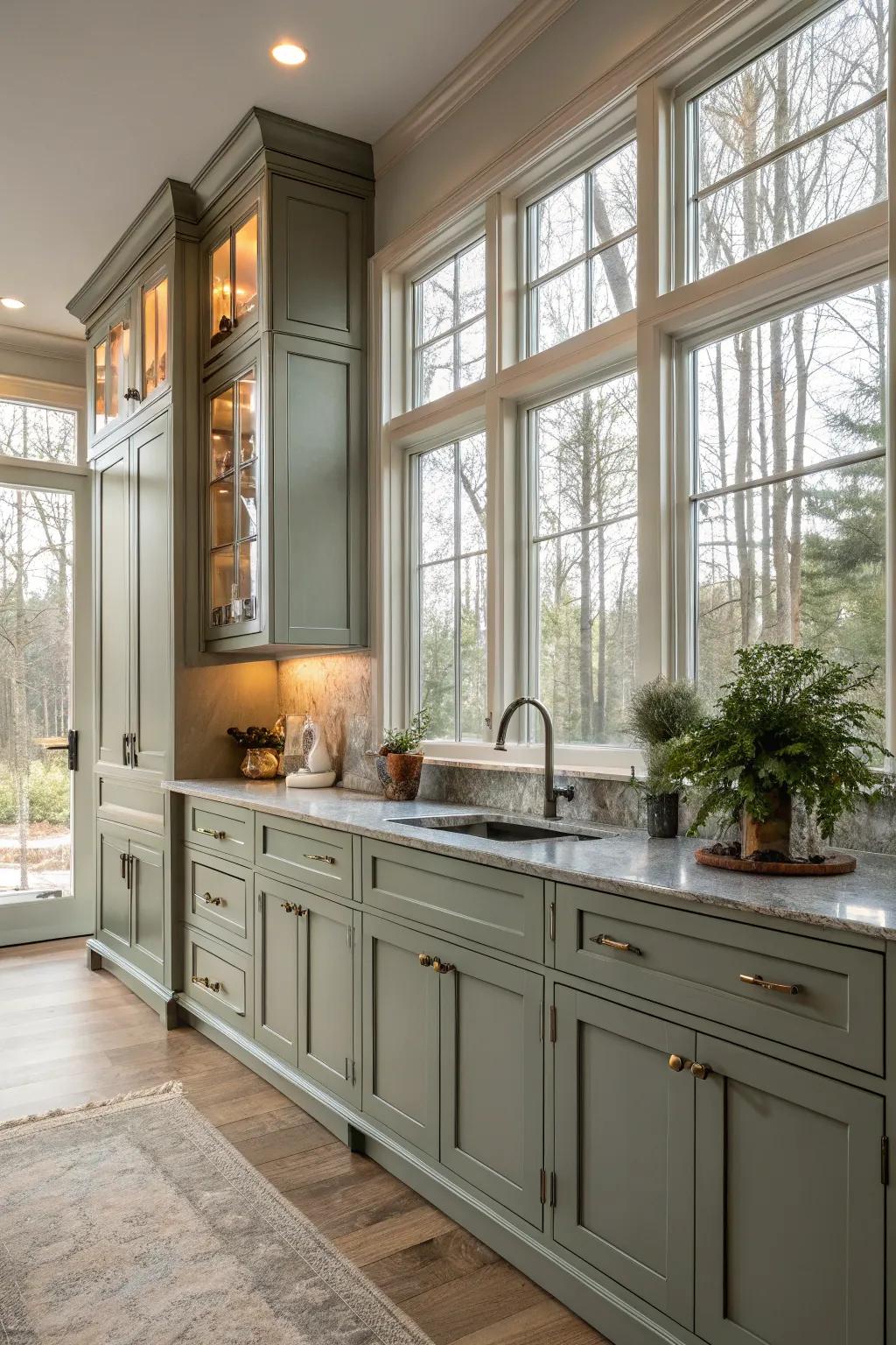 Abundant daylight enhances grey-green cabinets in a radiant kitchen.