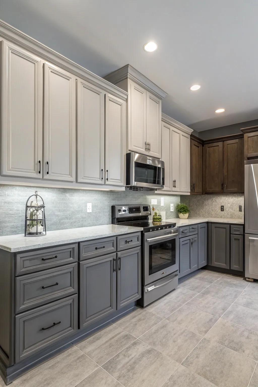 Varying grey shades enrich and sophisticate this kitchen.