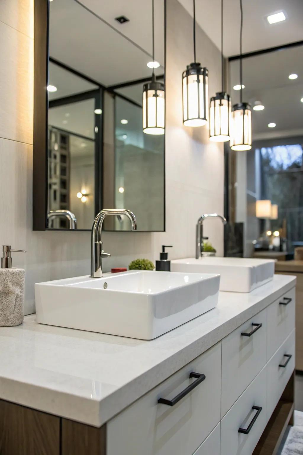 Elegant fixtures add a contemporary flair to this fashionable guest bathroom.