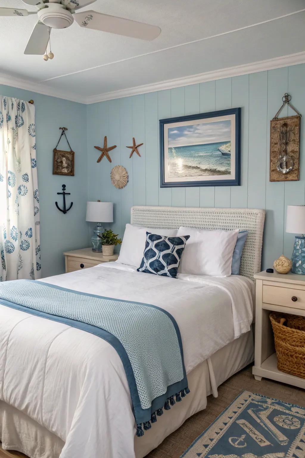 A peaceful guest room featuring soft blue walls for a serene atmosphere.
