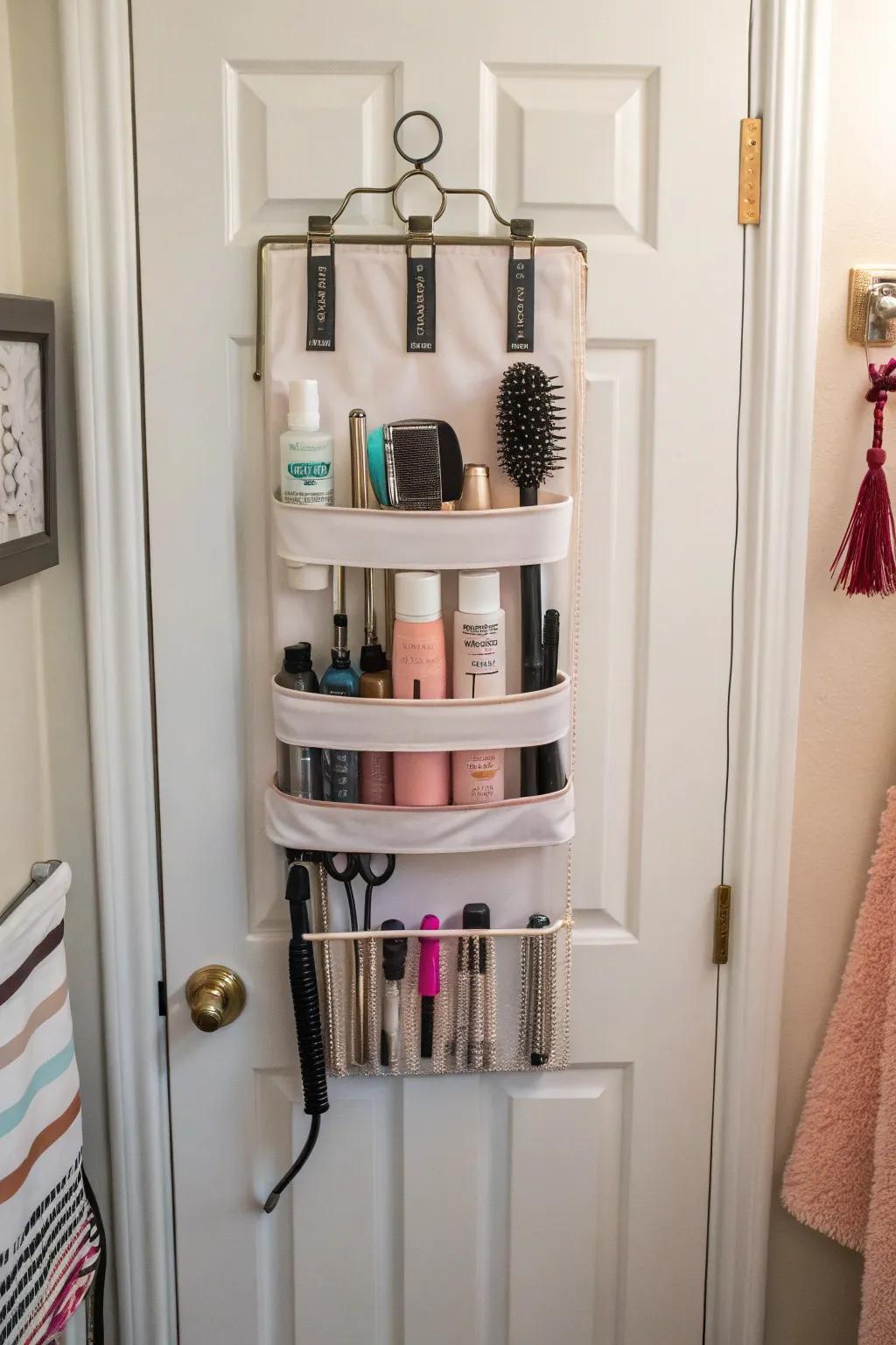 Enhance area effectiveness with a convenient behind-the-door rack for styling must-haves.