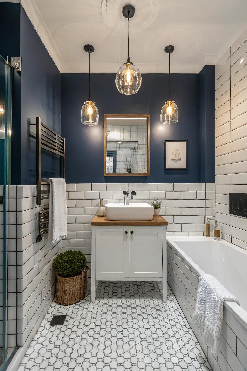 A striking comparison in a bathing area showcasing pure panels and profound azure walls.