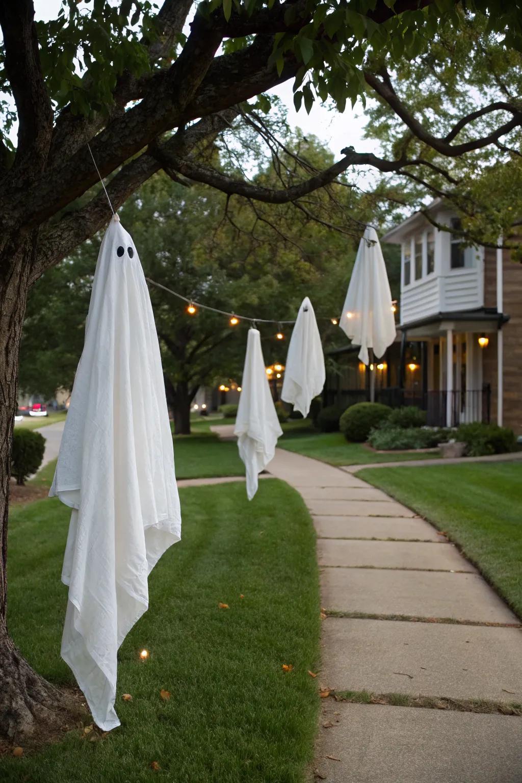 Spectral silhouettes swaying in the breeze craft a chilling atmosphere.