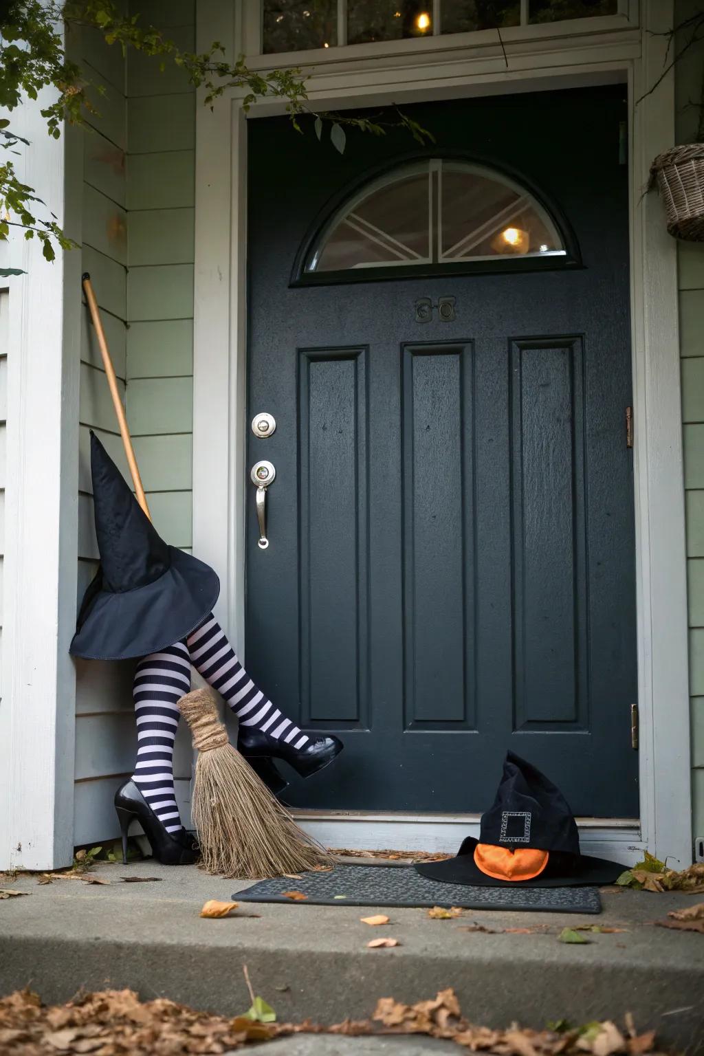 A sorceress's tumble injects humor into your Halloween ornamentation.