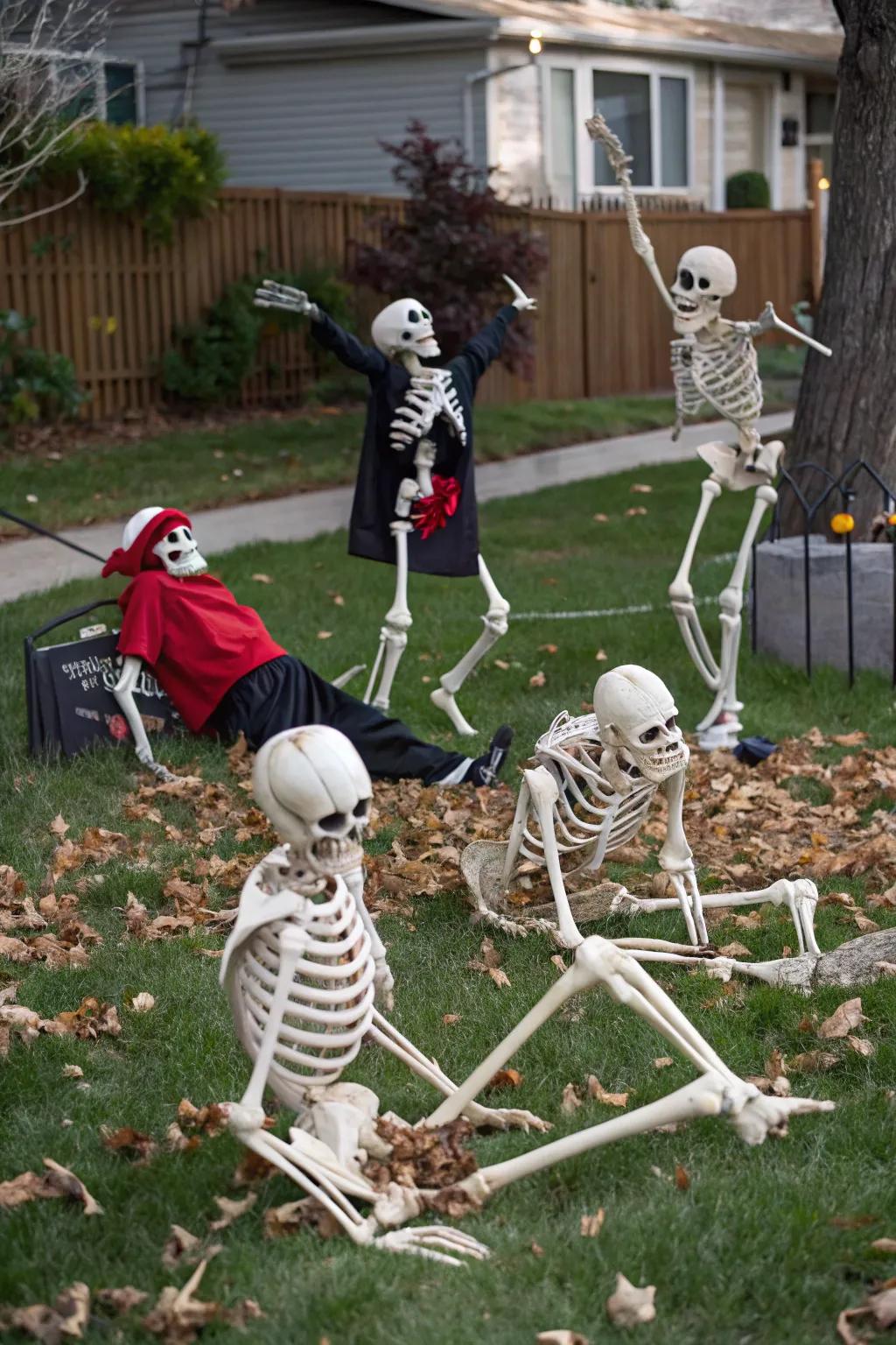 Infuse your Halloween celebration with humor by posing skeletons in amusing situations.