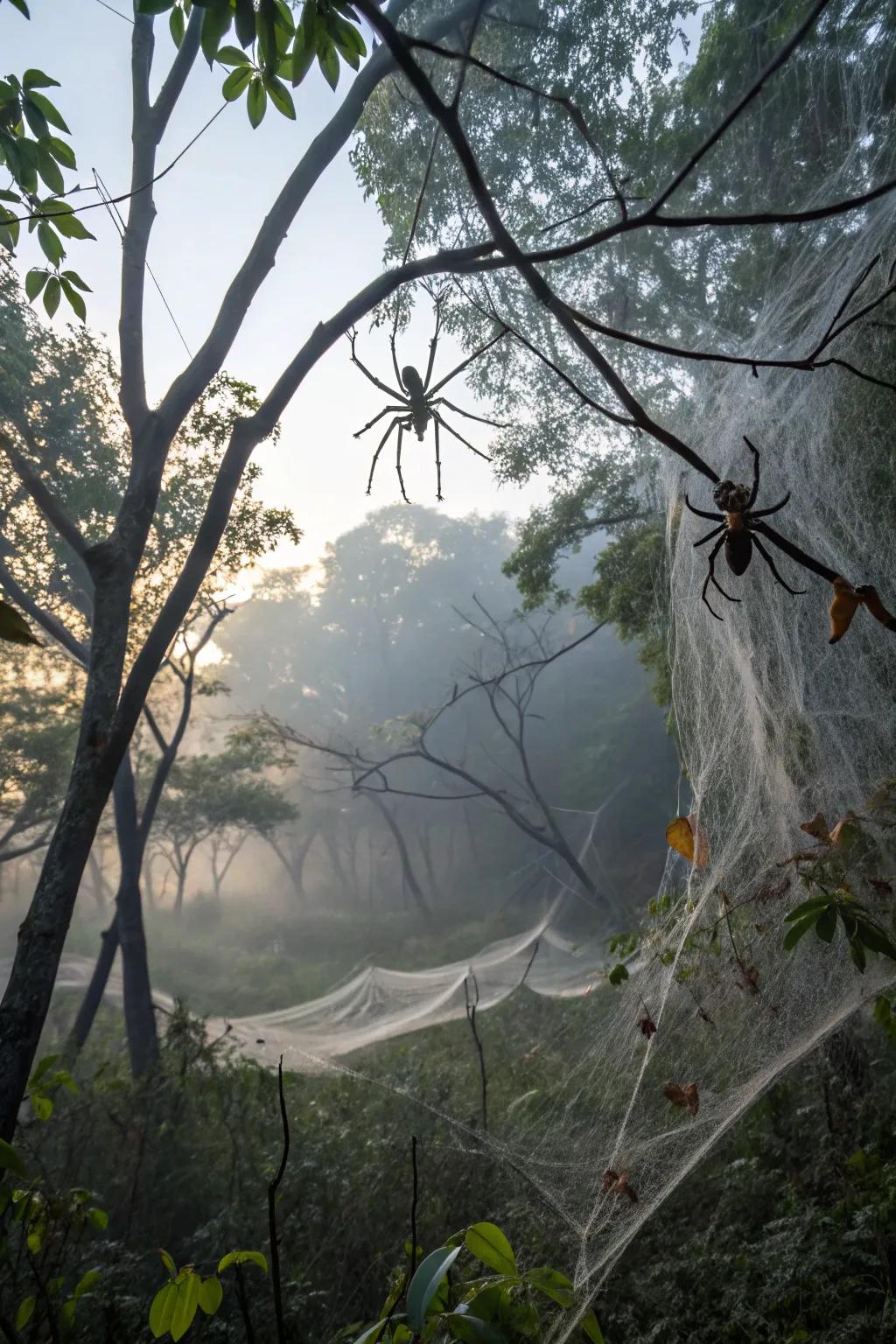 A woodland swathed in dense arachnid webs, domicile to colossal arachnids.