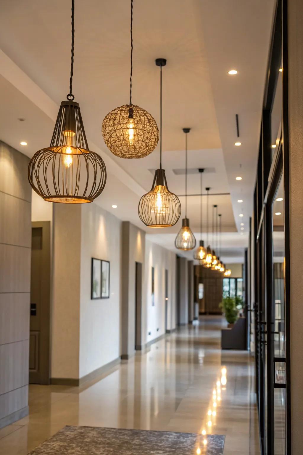 Suspended lights contribute elegance to corridors boasting lofty ceilings.