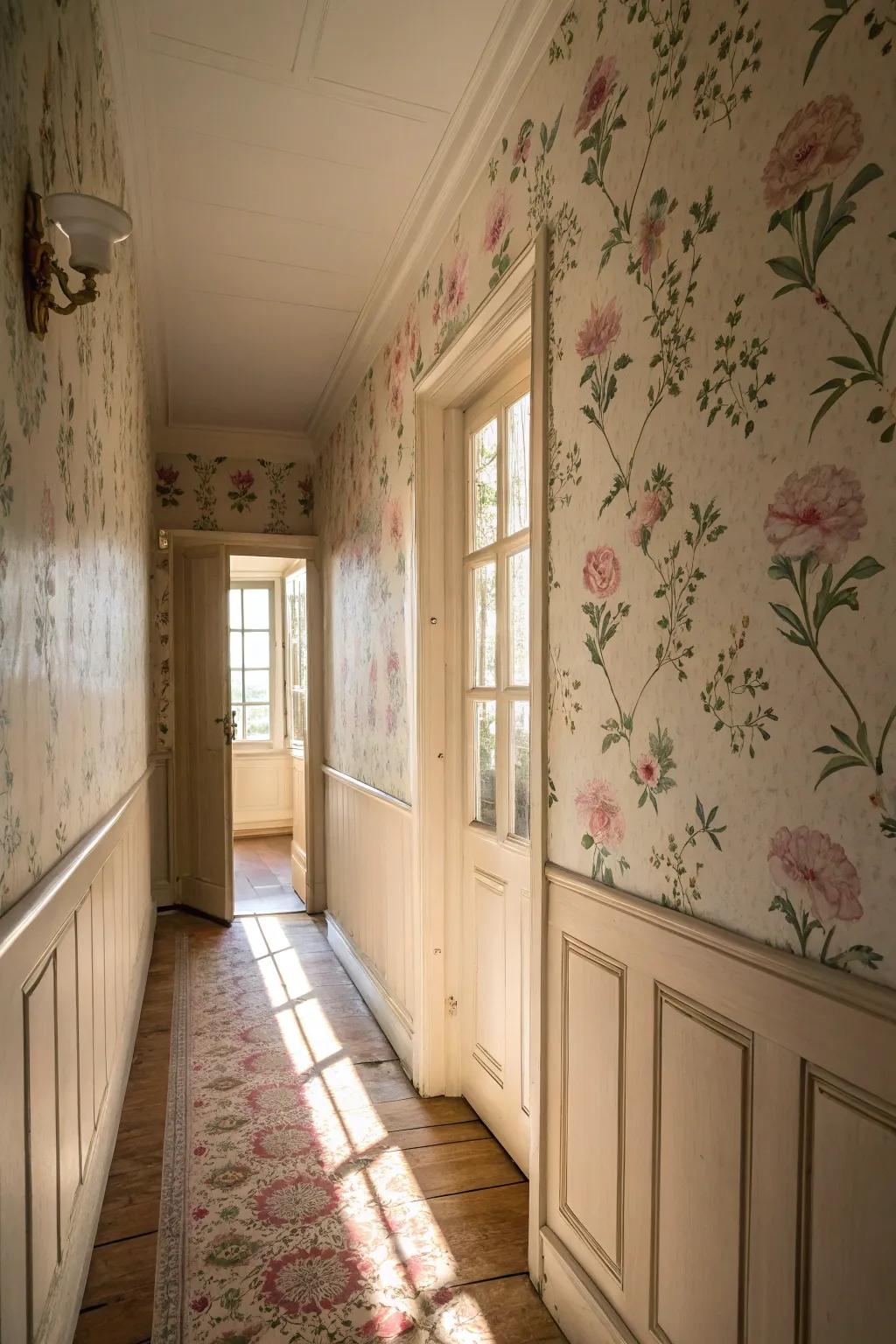 A hallway embellished with stylish botanical surface covering.