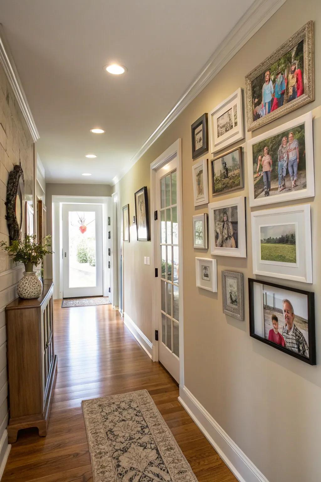 A curated art display transforms your hallway into a personal art space.
