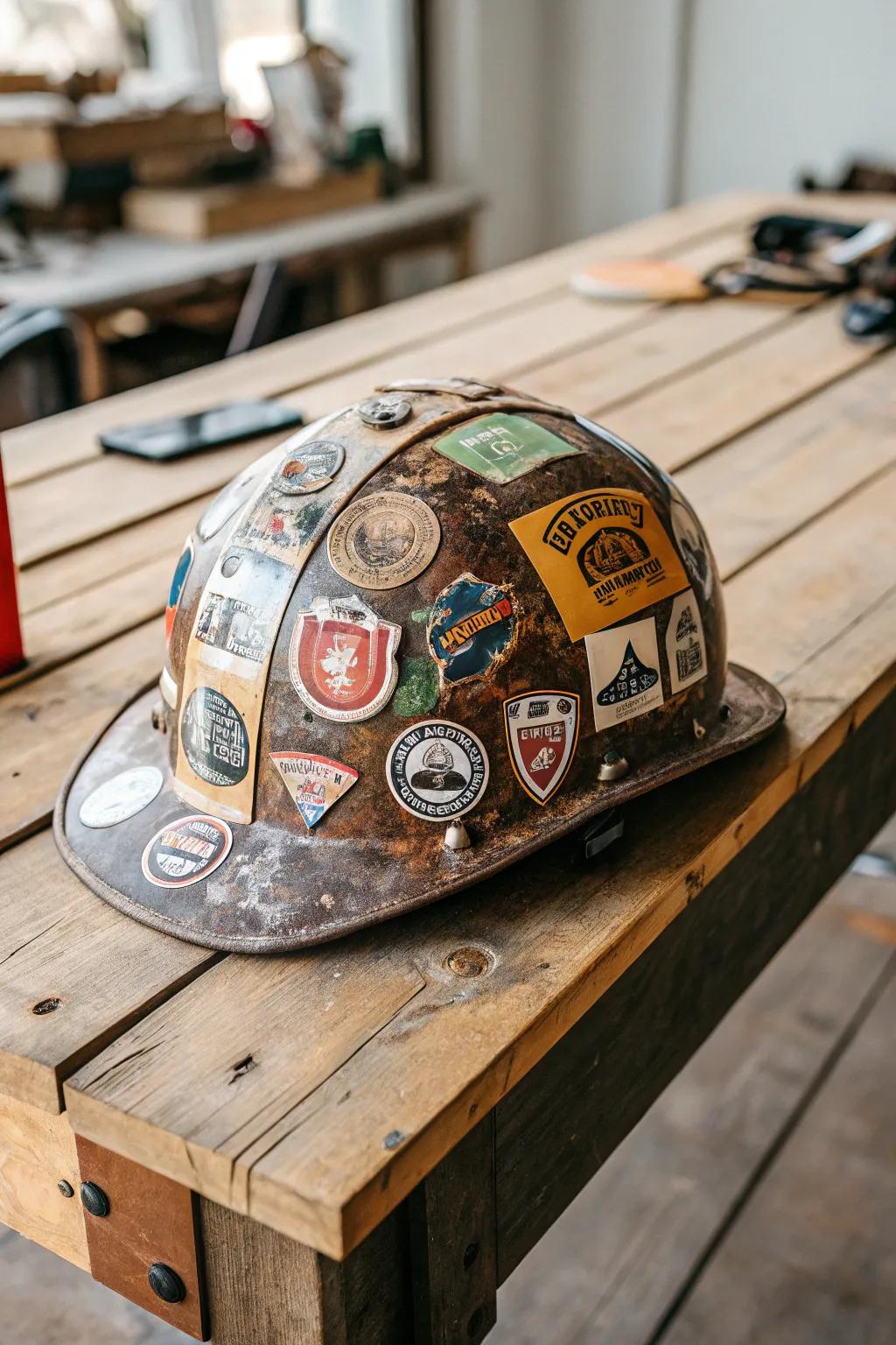 A hard hat given new life through a medley of emblems and decals.