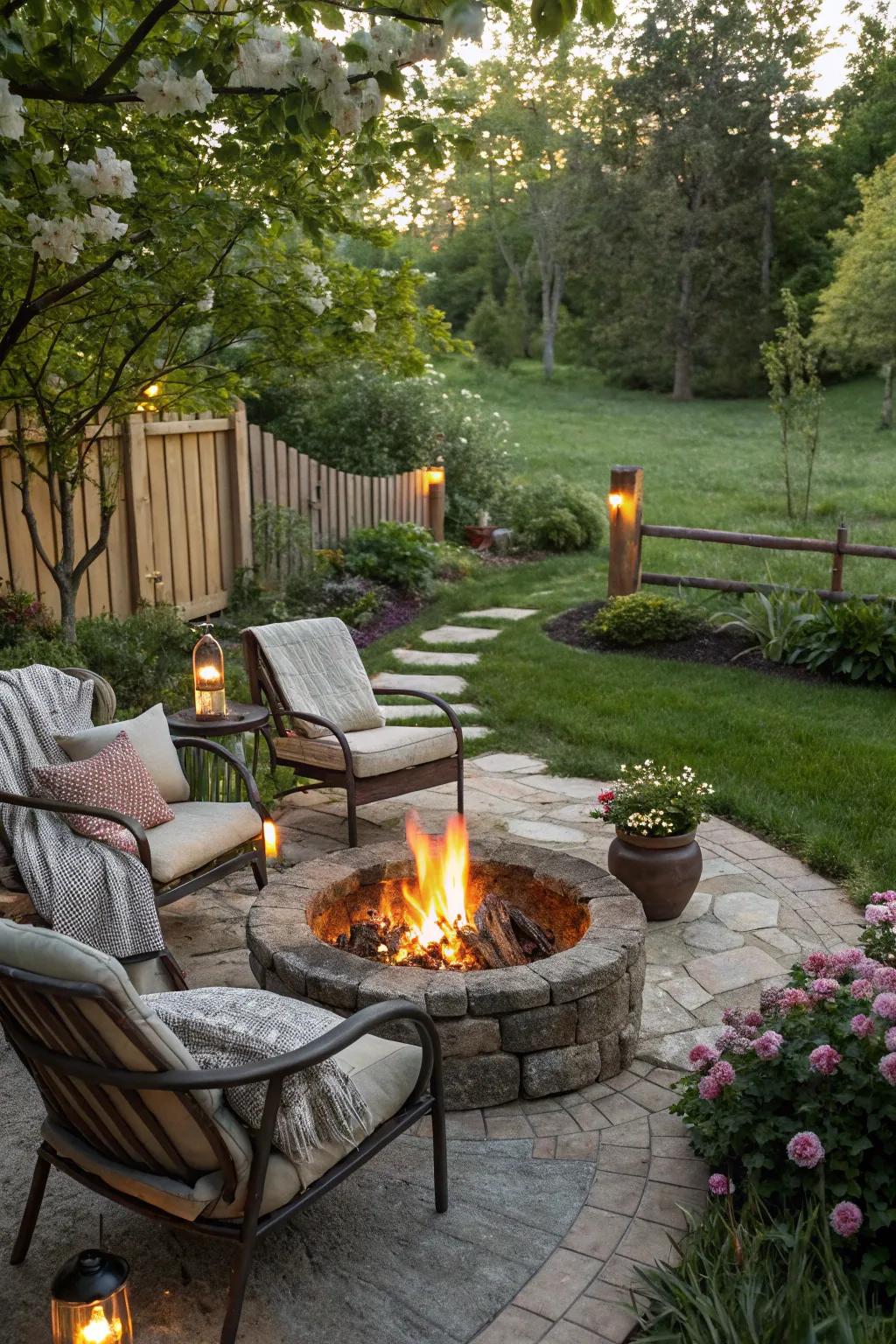 An inviting outdoor hearth is ideal for evening gatherings.