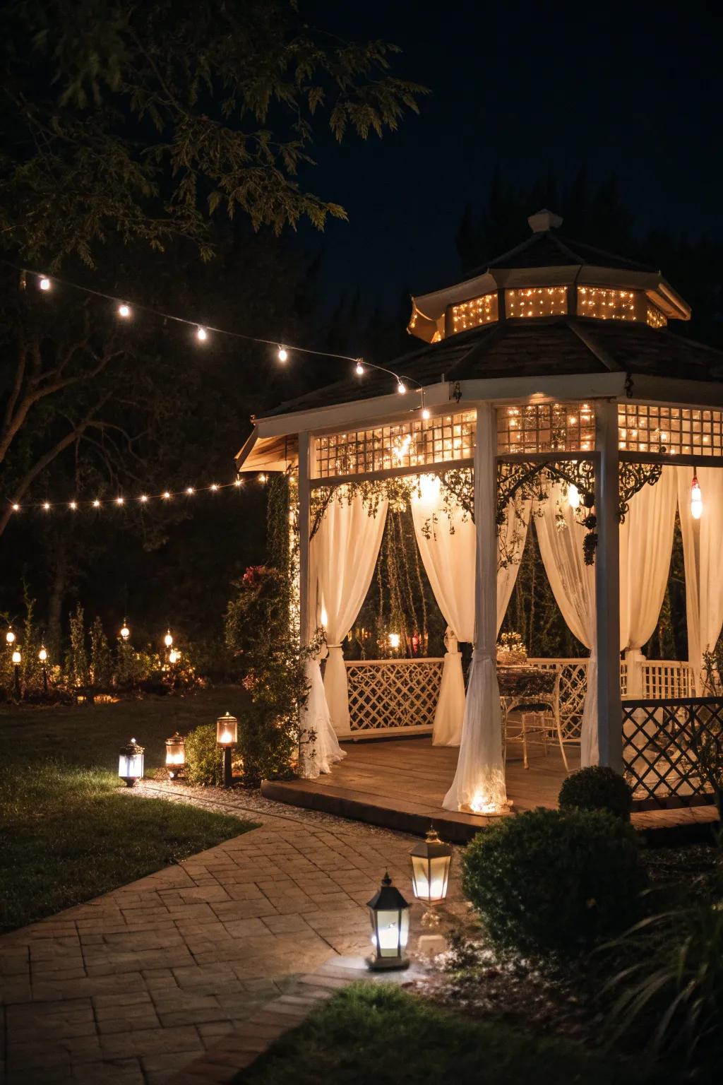 Enchanting illumination casts your gazebo as a nocturnal paradise.