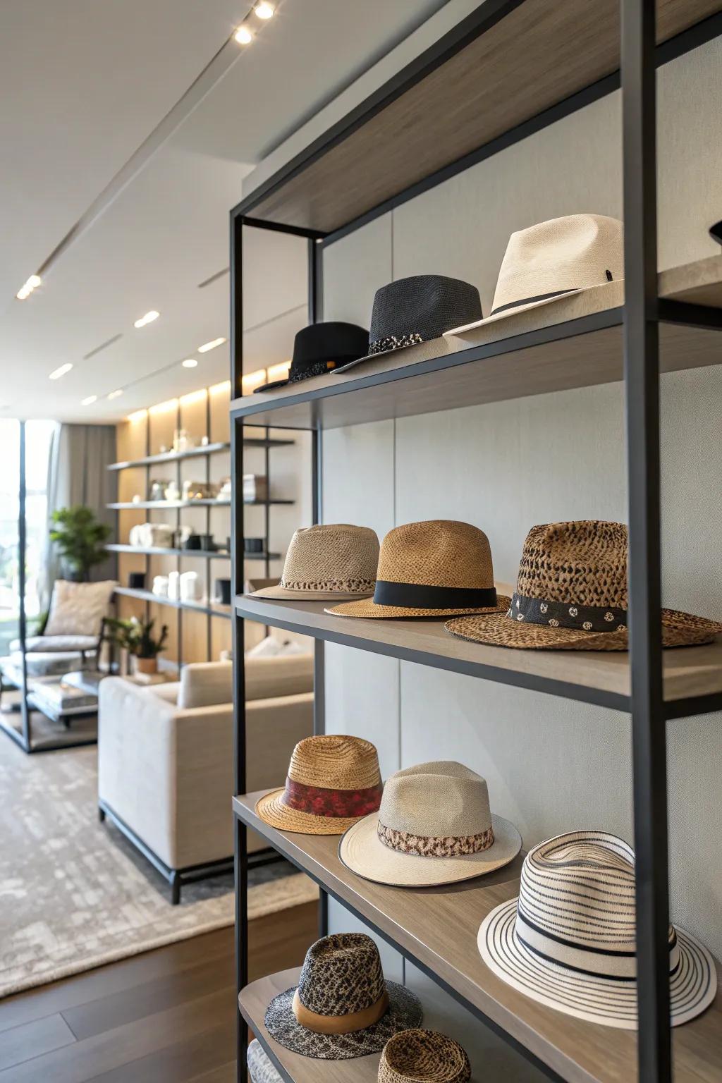 Hats exhibited on a chic tiered storage system.