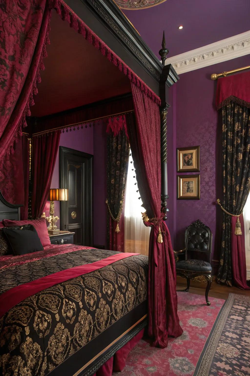 Profound shades establish the ambiance for an eerie yet sophisticated boudoir.
