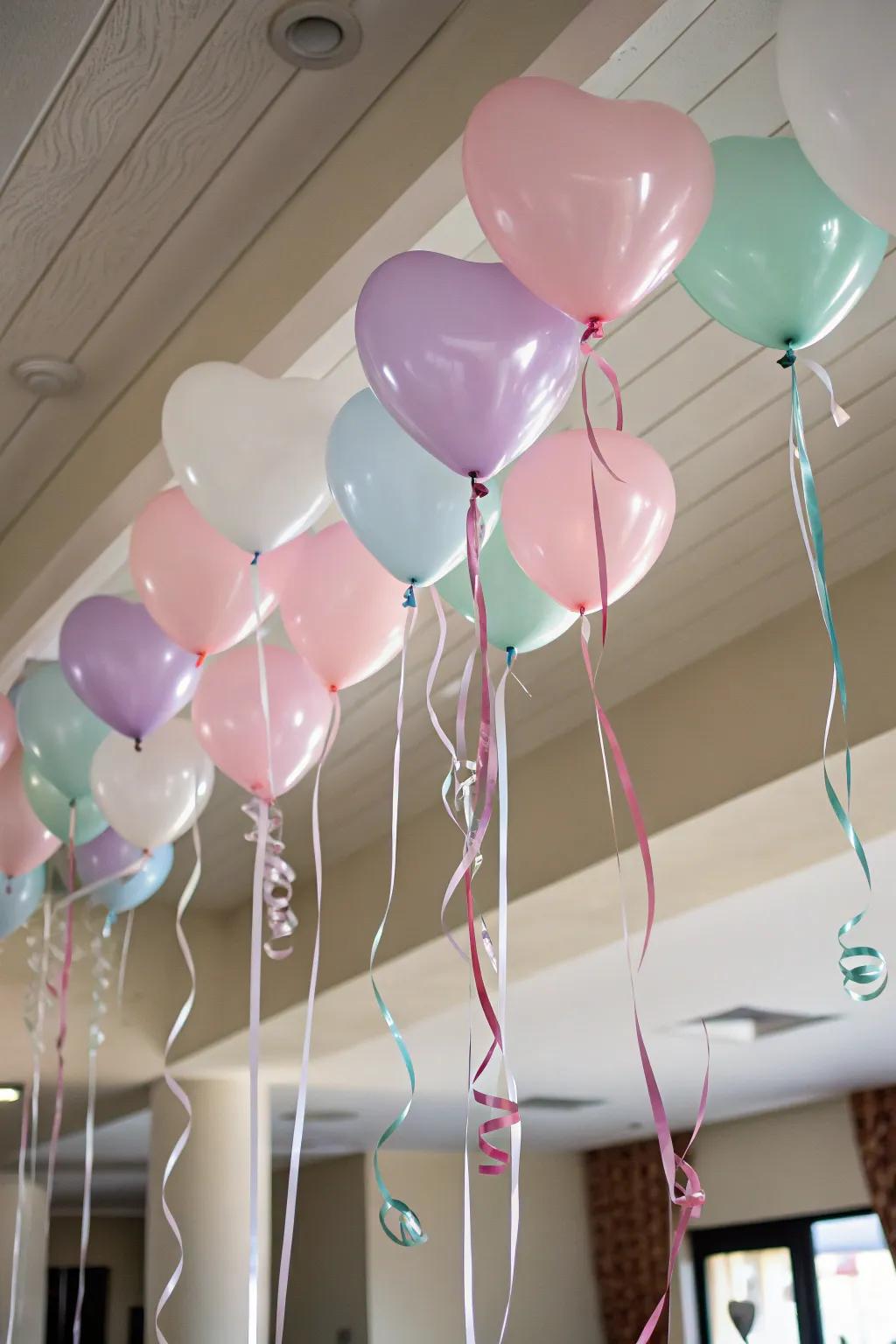 Soaring heart inflatables fashion an enchanting ceiling spectacle.