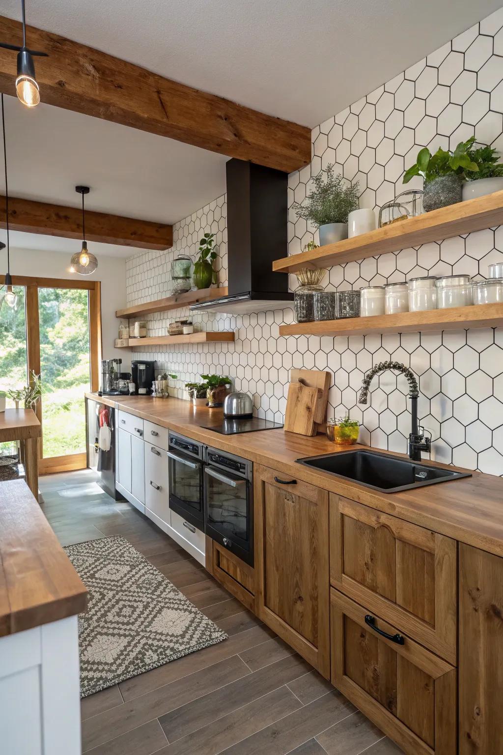 The fusion of wood and hexagon designs crafts a cozy and inviting kitchen environment.