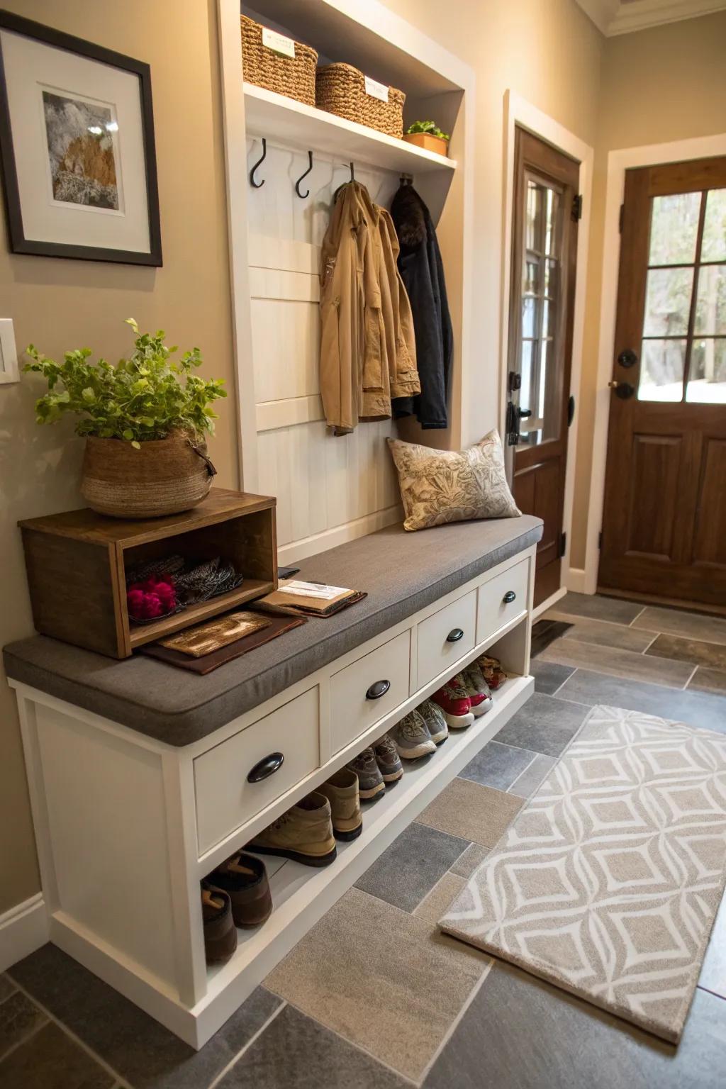 Beneath-the-bench storage unites practicality with elegance.