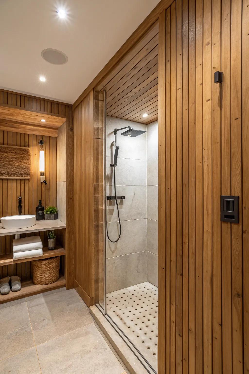 Raw timber paneling presents a snug and seamless shower encounter.