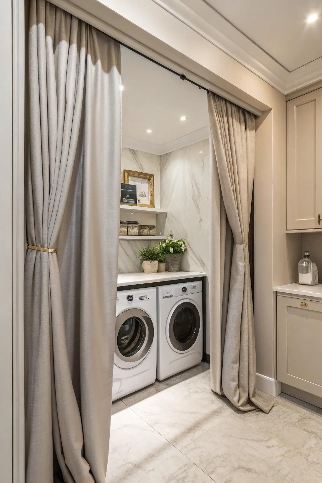 Sophisticated drapes offer a delicate concealment for utility features in a laundry room.