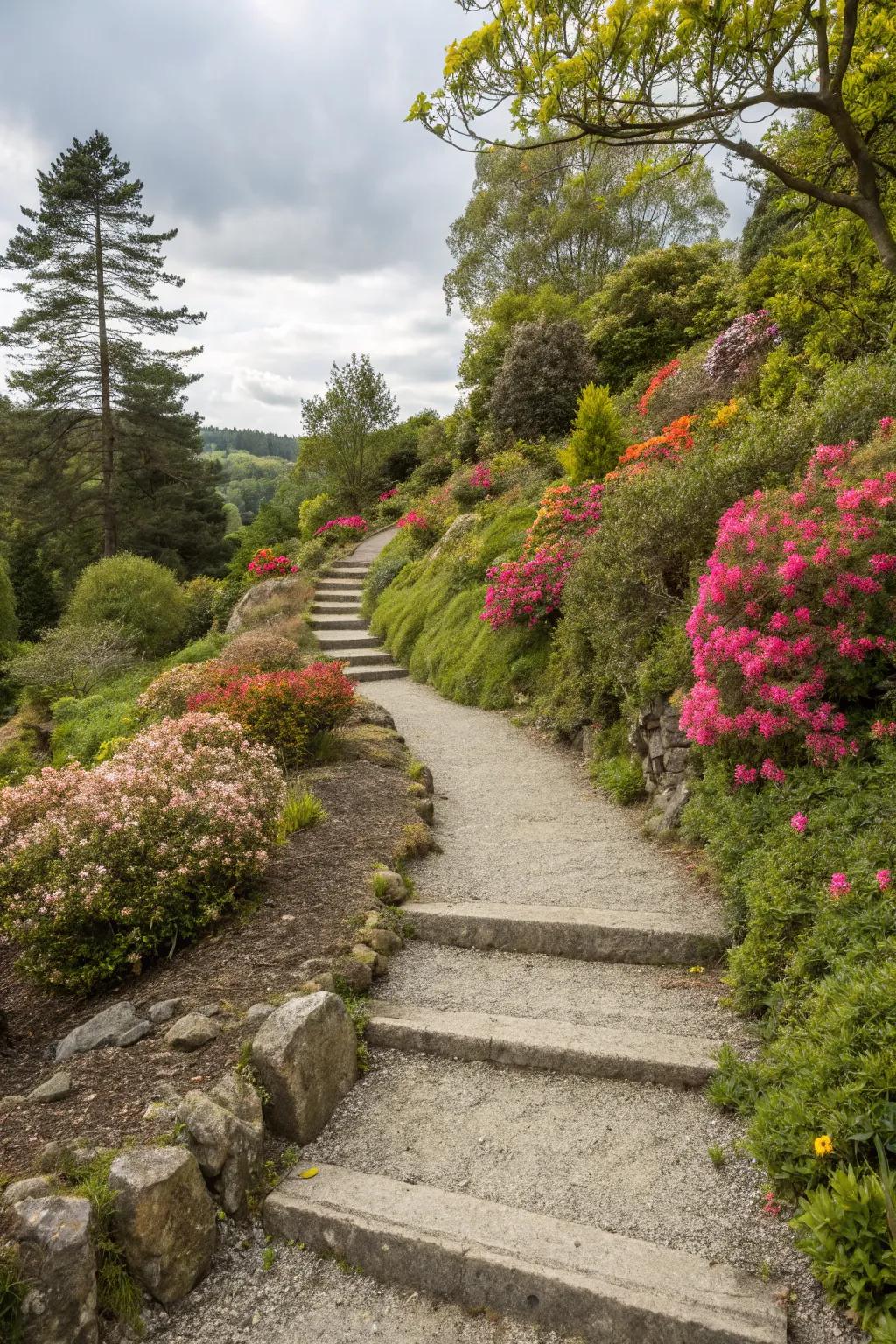 A sloped garden is made more accessible and appealing by gravel and stone walkways.