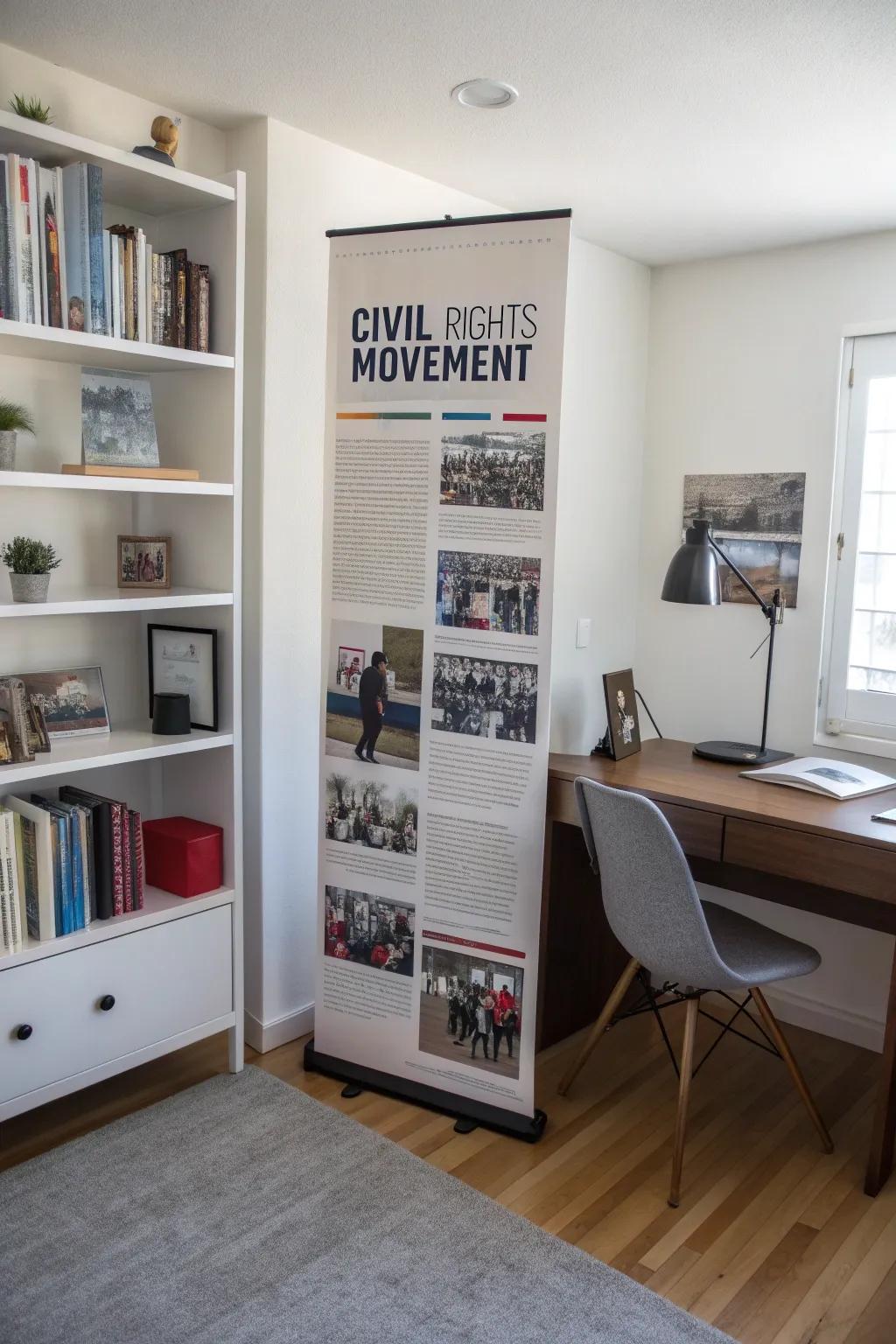 A timeline display that vividly portrays history within a minimalist study.