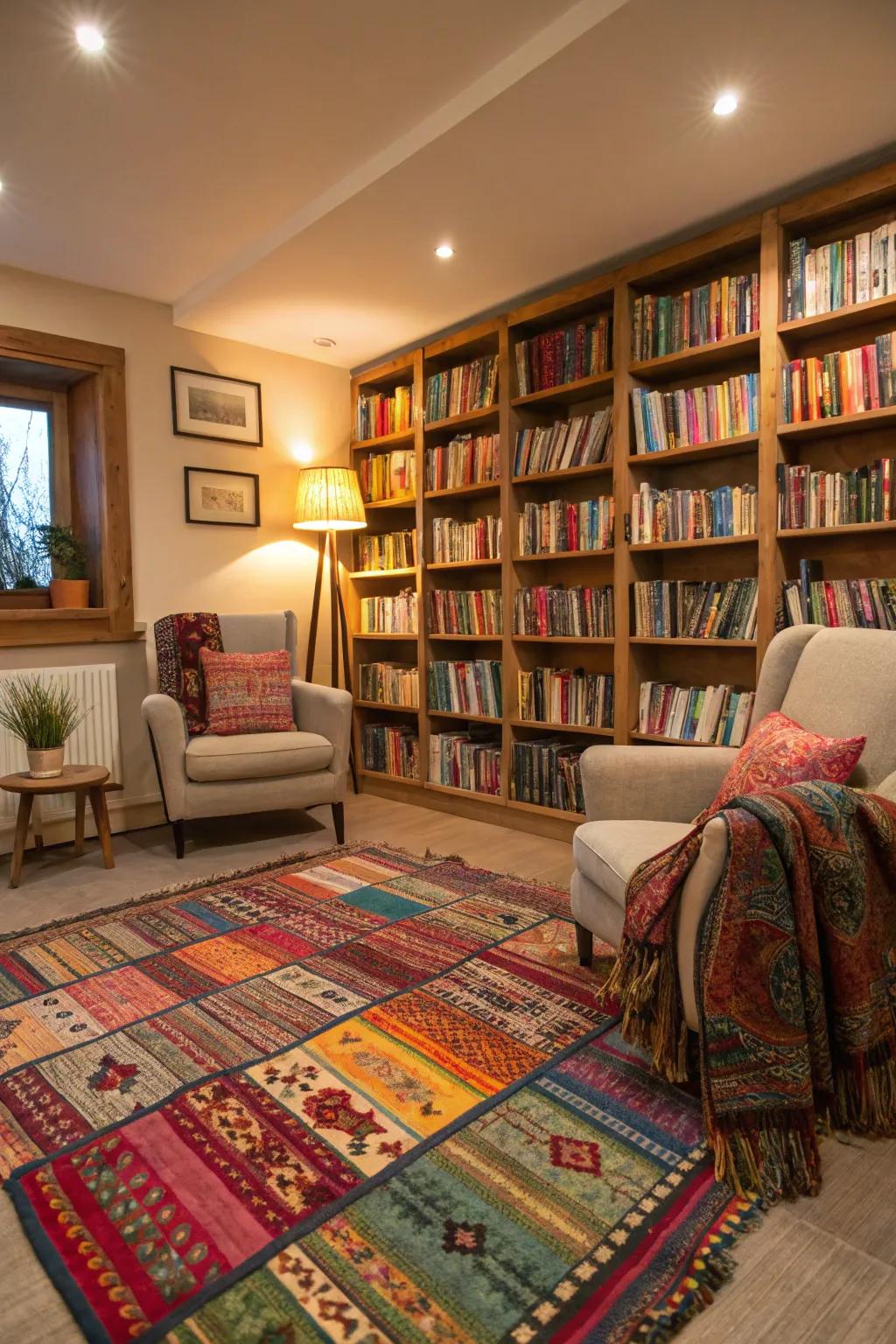 Varied textures and hues bring warmth and character to this reading area.
