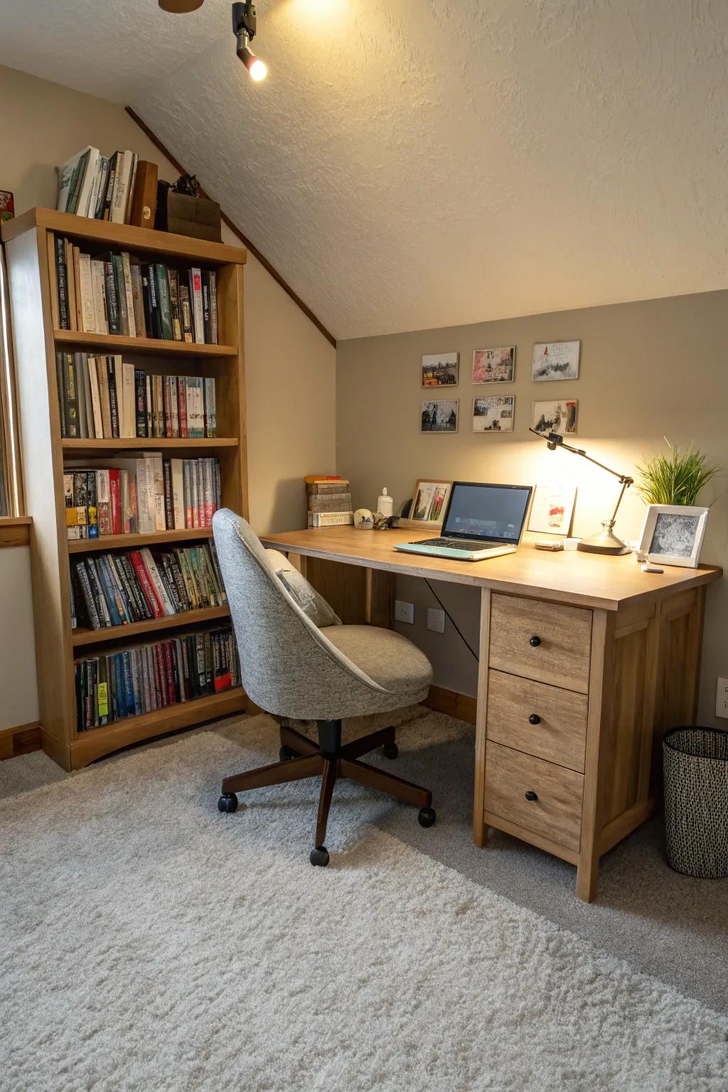 Carpet flooring delivers comfort and warmth, perfect for a welcoming home office.