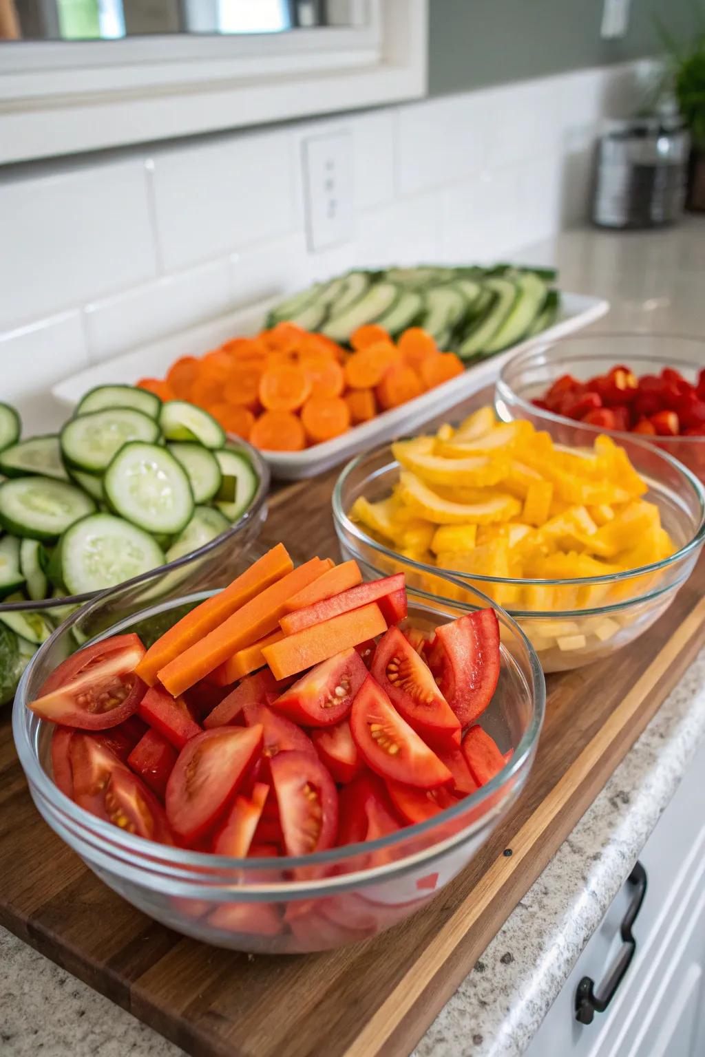 Vibrant, colorful vegetables all ready to be added to your custom salad.