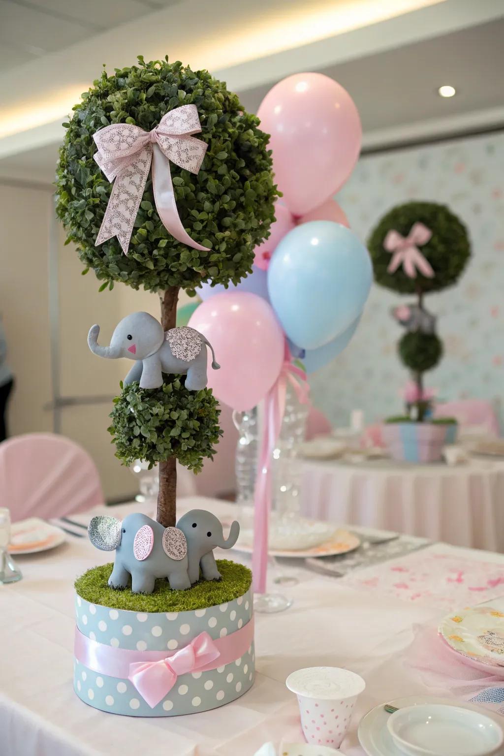 A charming topiary centerpiece accentuated with an elephant motif.