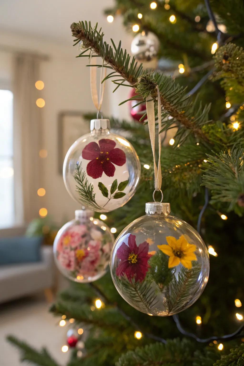 Fragile encased bloom embellishments contributing an idea of springtime to the festive ornamentation.