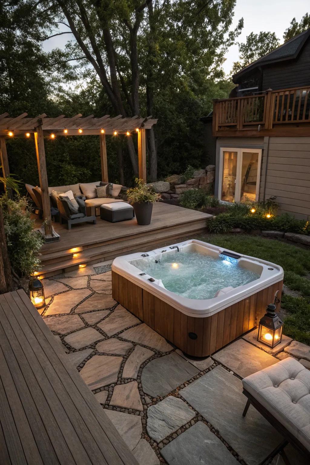 A concordant veranda and patio design centering around a spa.