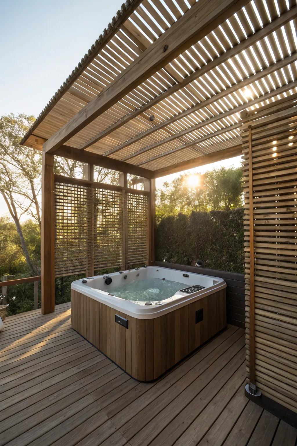 Unwind in comfort with a canopy offering shade above your hot tub deck.