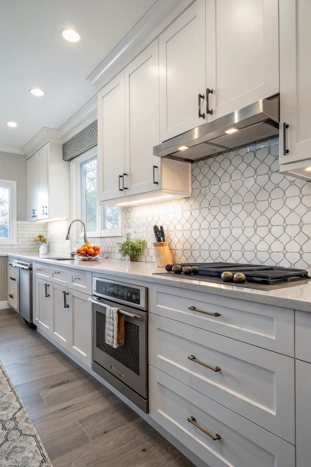 Contemporary kitchen featuring an elegant tile feature and modernized cabinet fixtures.