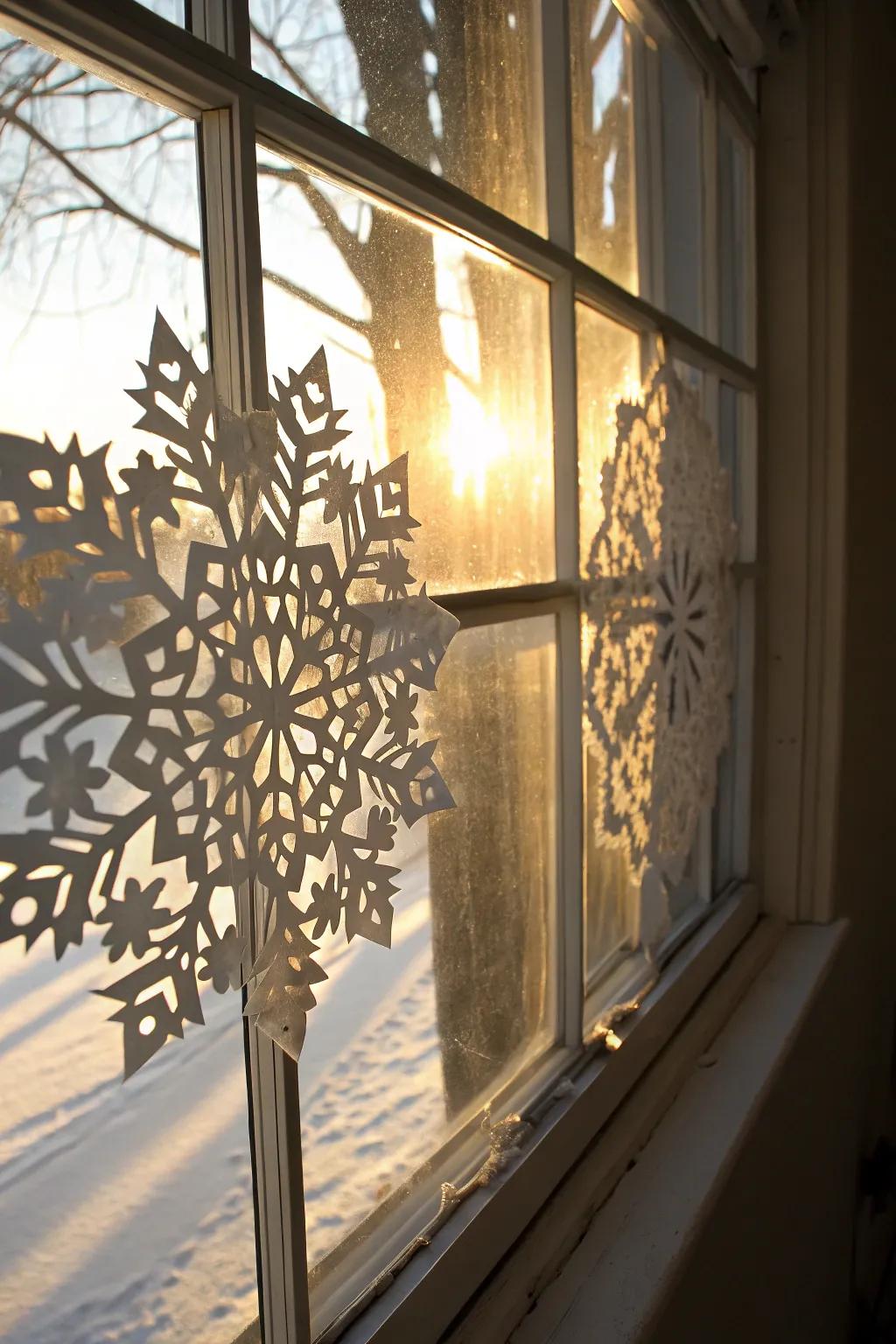 Delicate lace-inspired snowflakes exude a hint of sophistication.