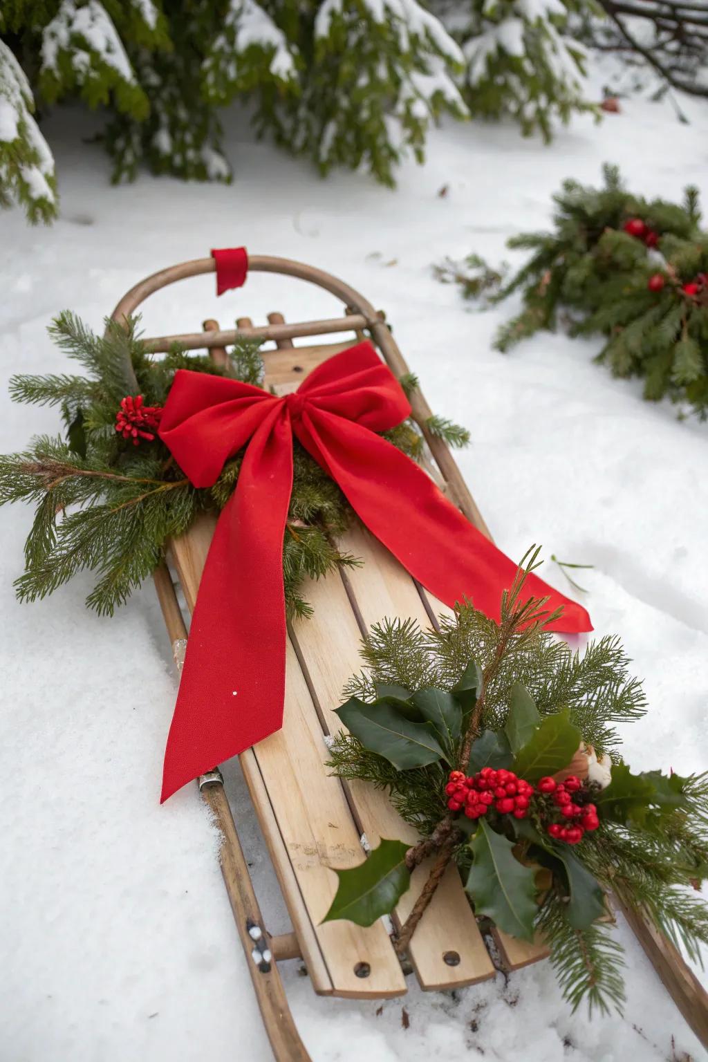 A festive sled accented with a striking crimson decorative knot