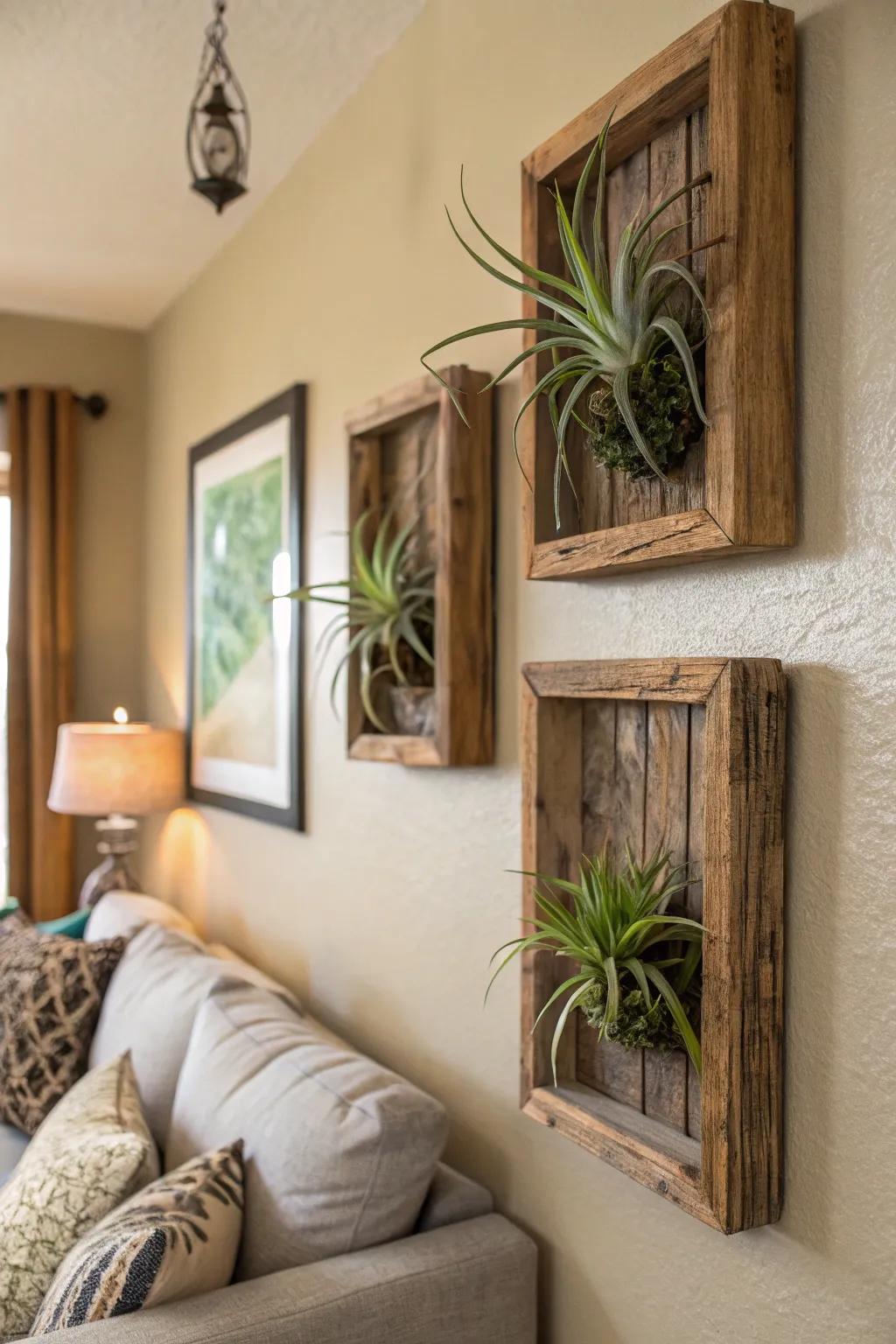 Air plants mounted on classic wooden frames, adding a touch of nature.