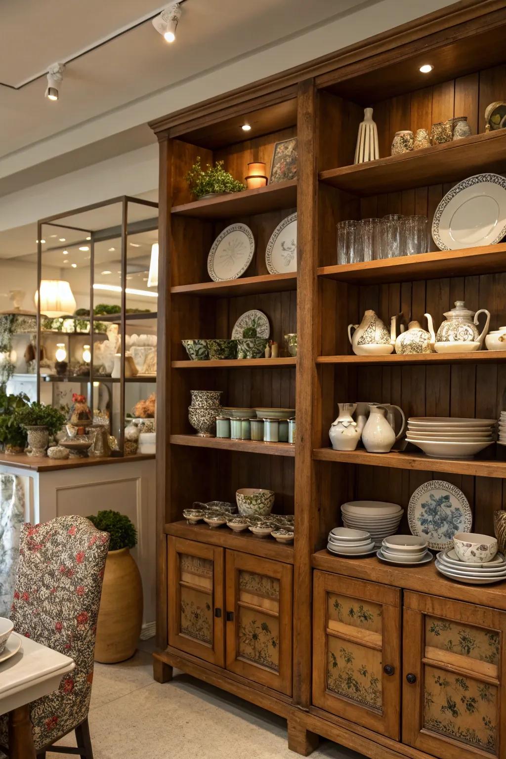 Open shelves showcasing an exquisitely organized array of china and decorative articles.