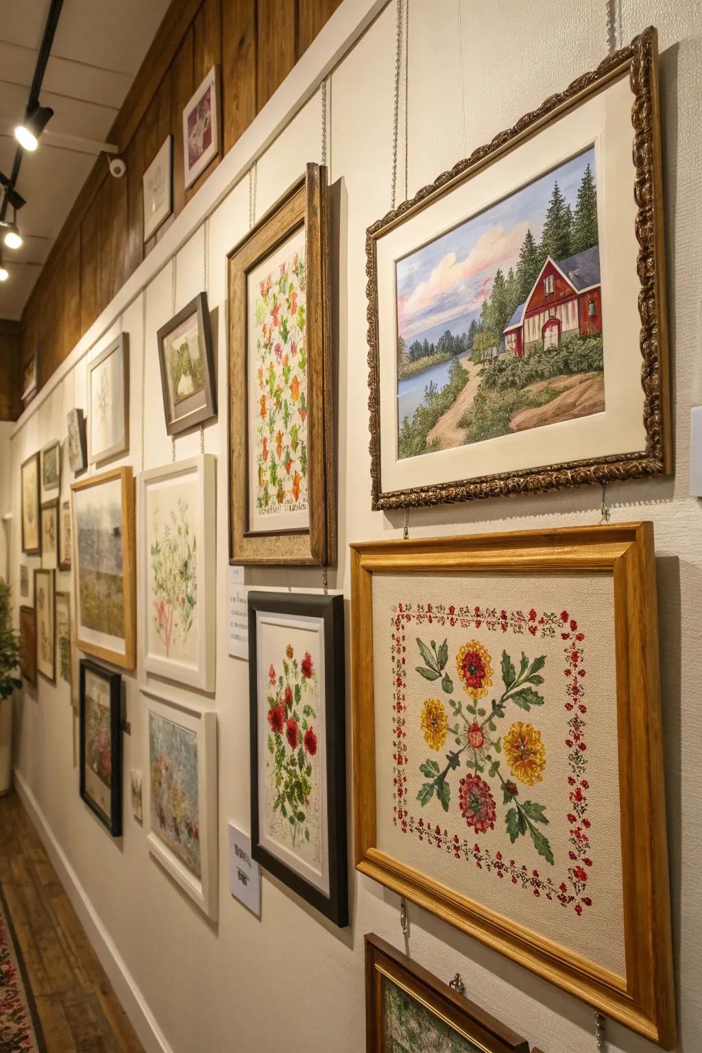 A gallery wall that blends cross stitch with diverse art forms for an engaging aesthetic