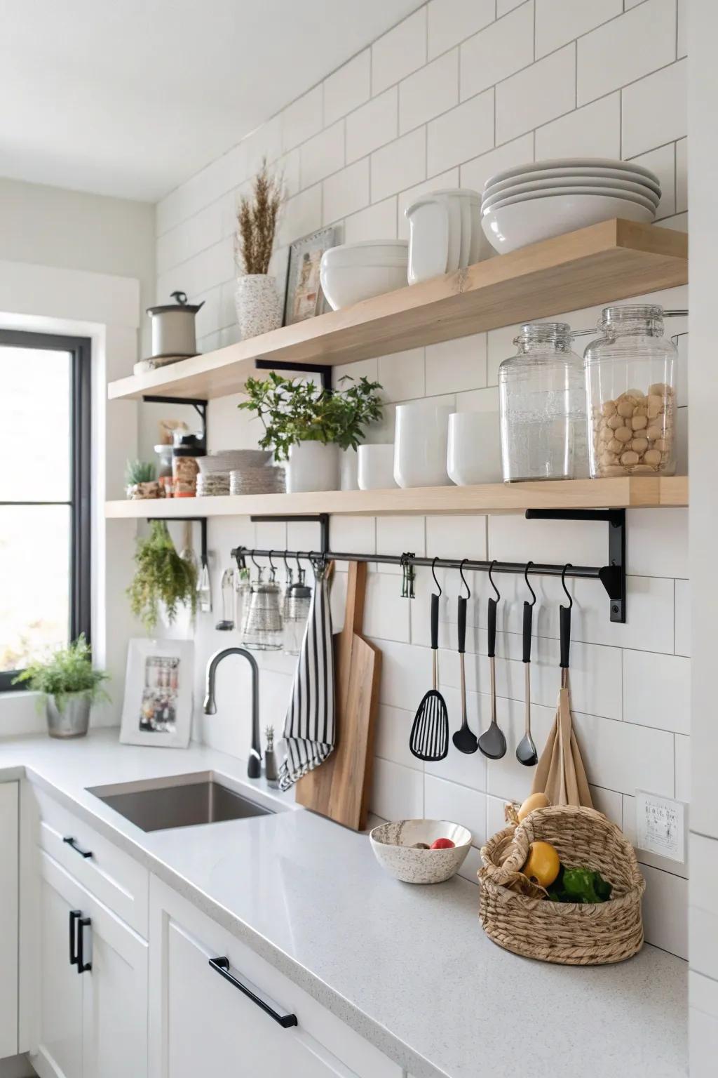 A meticulously arranged culinary space showcasing vertical storage solutions.