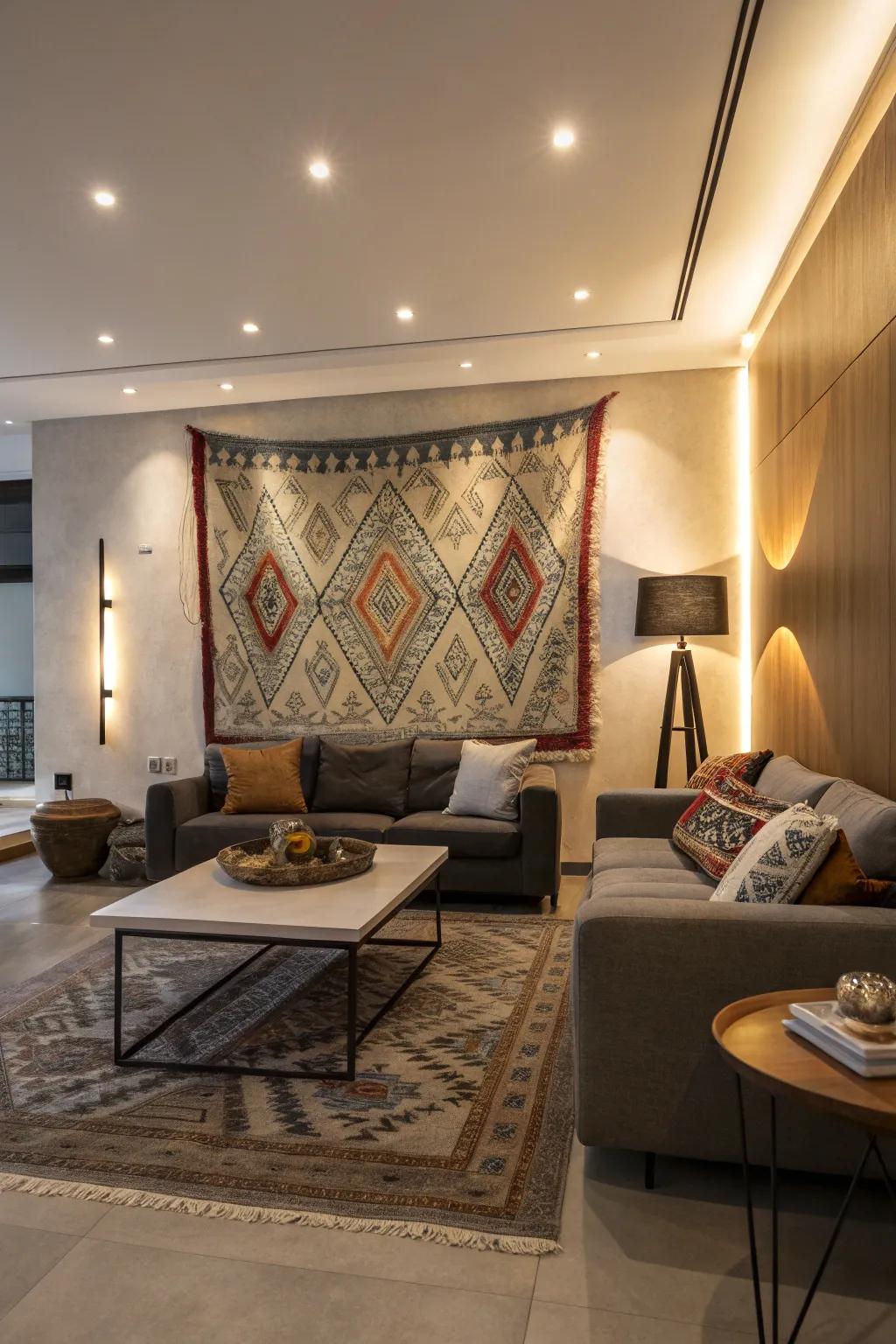 A fabric art piece can function as an artistic centerpiece within your living area.