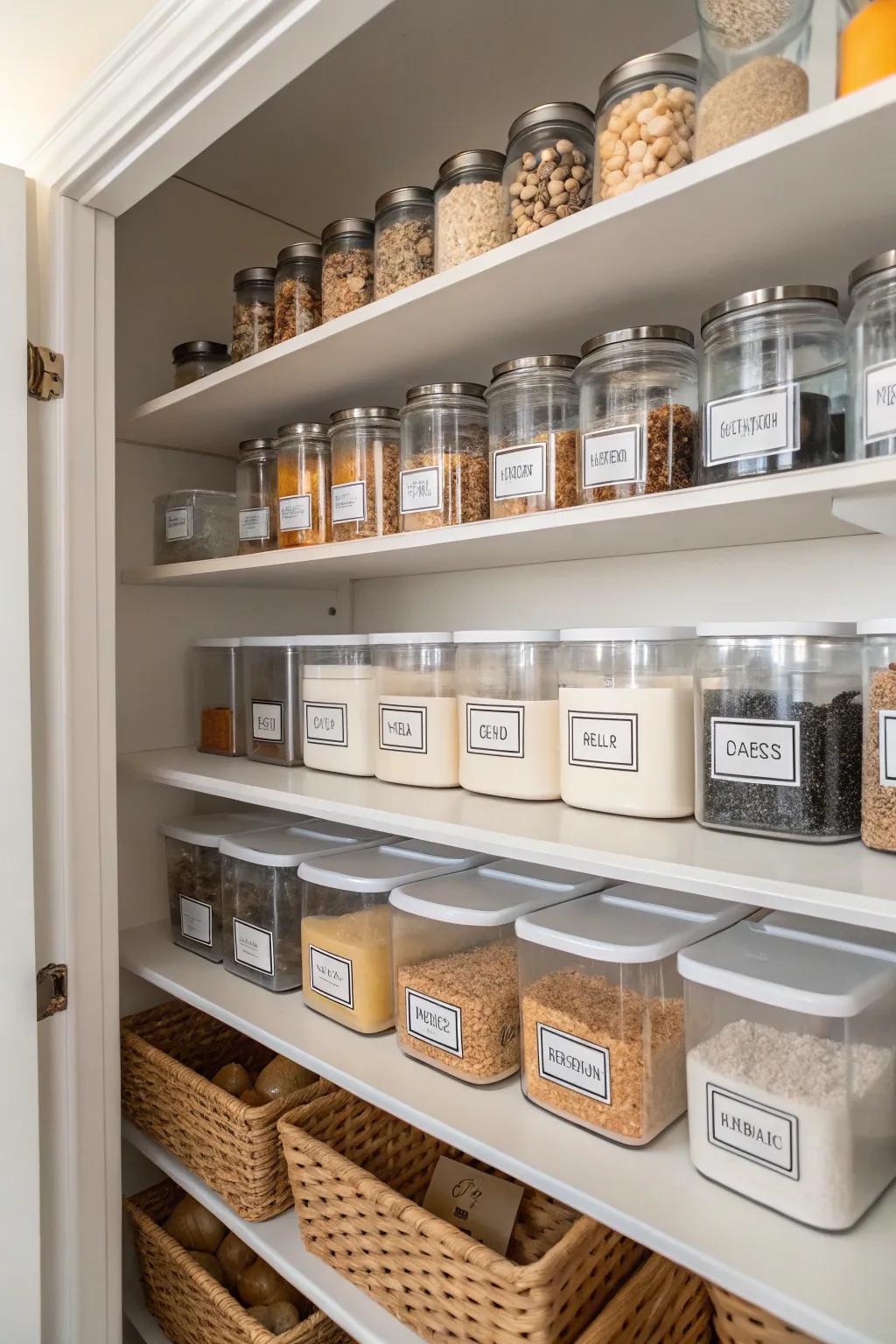 Marked jars and compartments refine pantry organization.