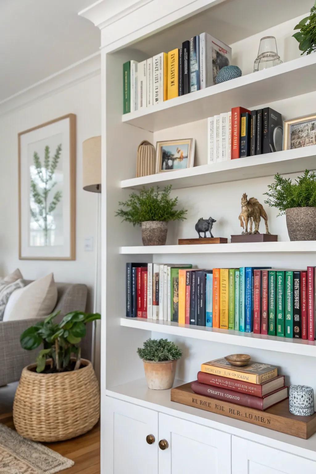 Books paired with decorative pieces craft a deeply personal atmosphere