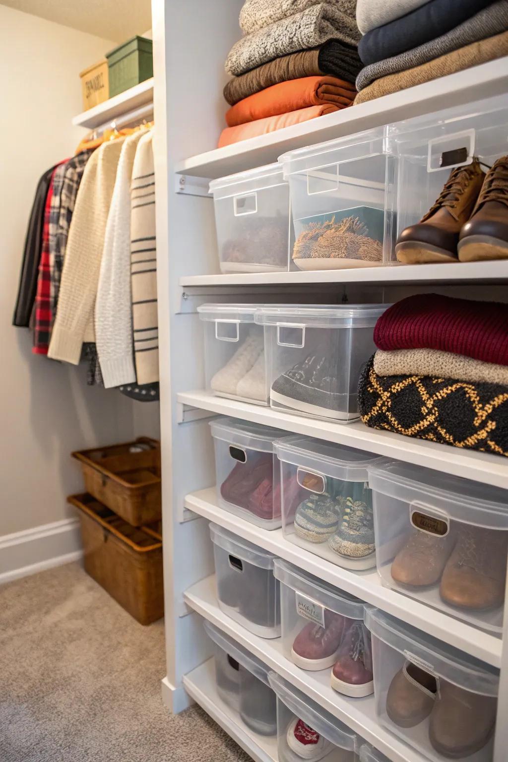 Transparent containers facilitate effortless viewing and access to items stored on shelves.