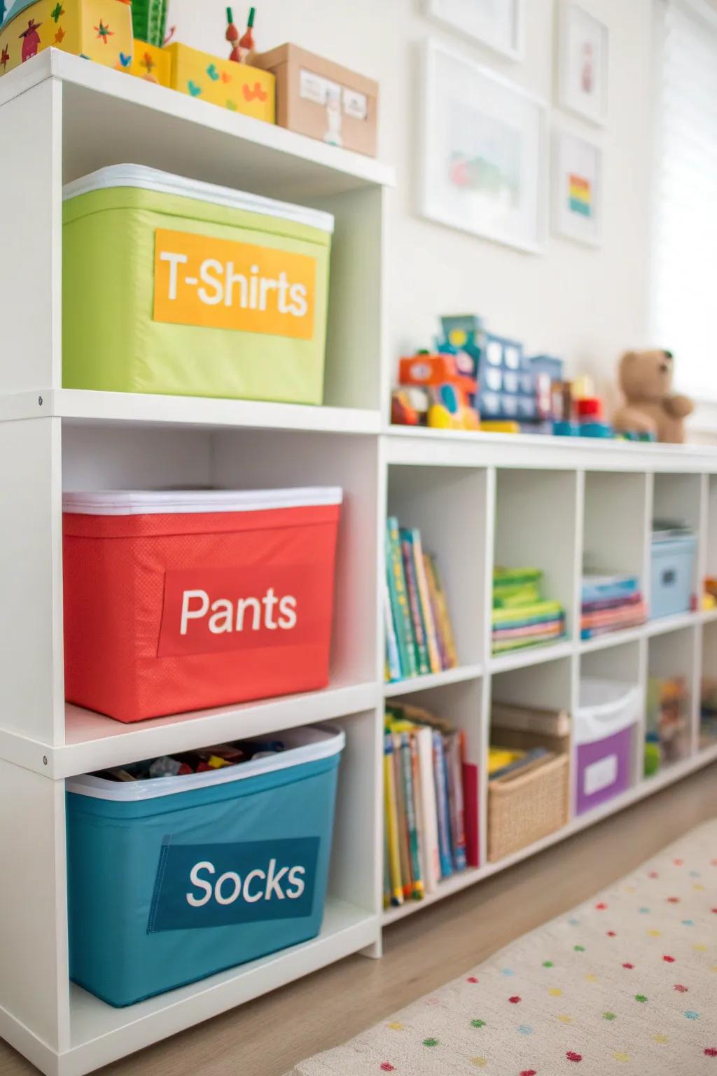 Tagged bins simplify the organization of kids' clothing.