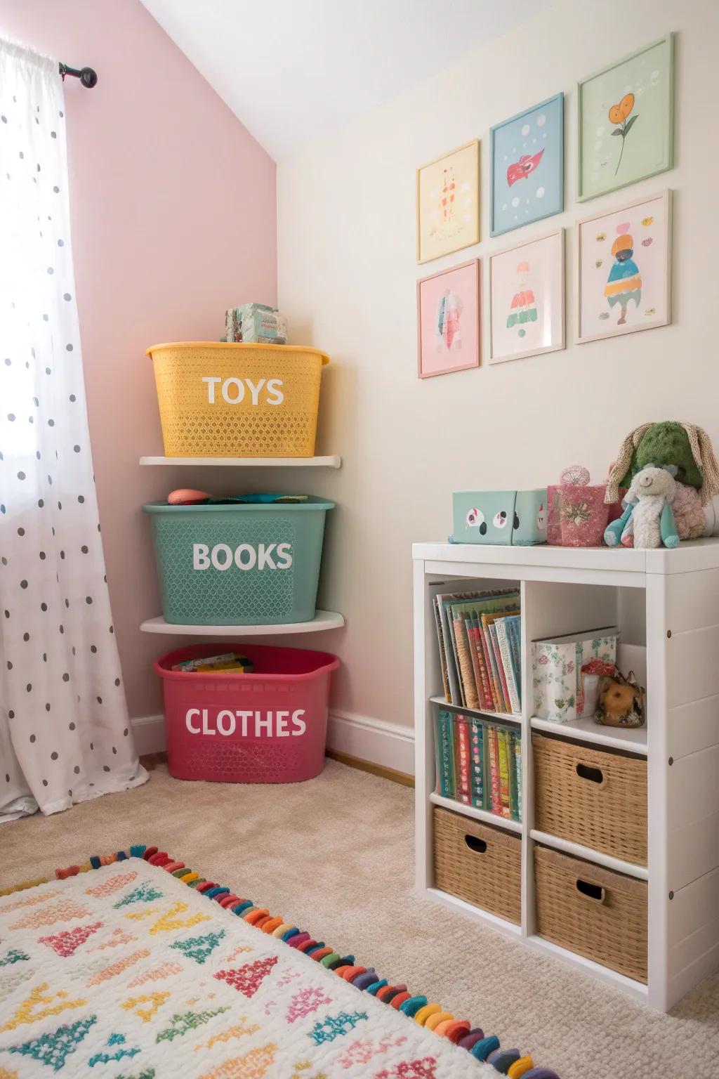 Color-coded containers introduce functionality and a vibrant touch.