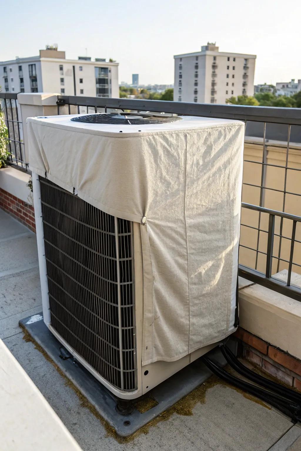 A tailored shading material offers chic sun defense for an AC unit.