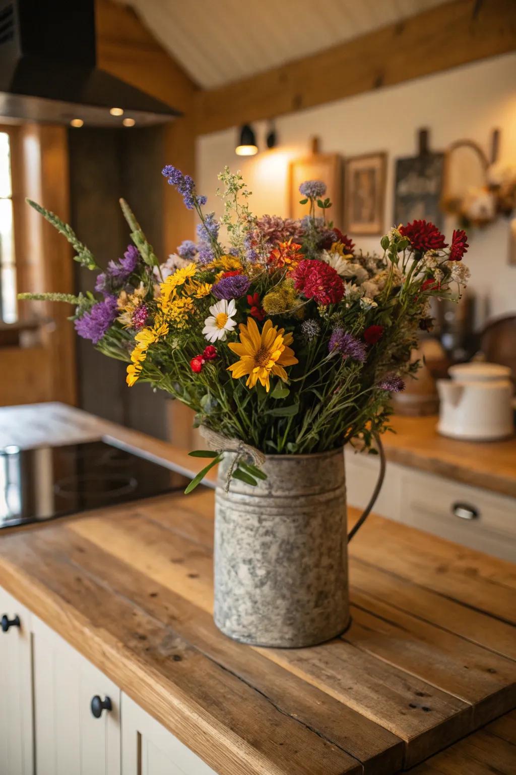 A rustic metallic container showcasing a vivid mix of wildflowers.